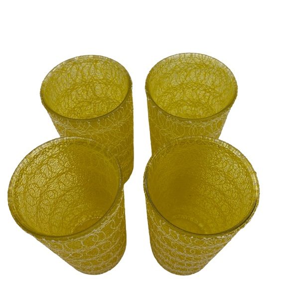 Vintage Set of 4 Spaghetti Tumblers Glasses Yellow String Tall Ice Tea Water - Picture 2 of 4